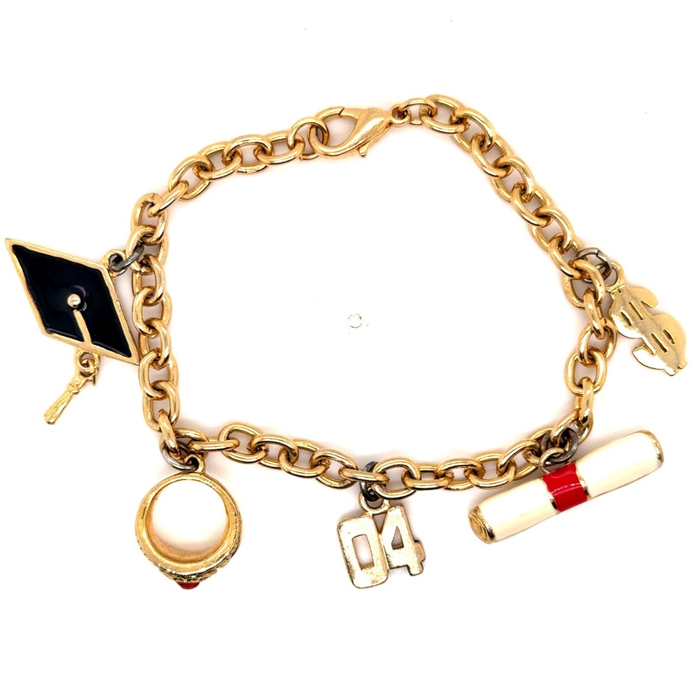 Vintage 2004 Graduation Charm Bracelet Gold Tone Class Ring Diploma 7"